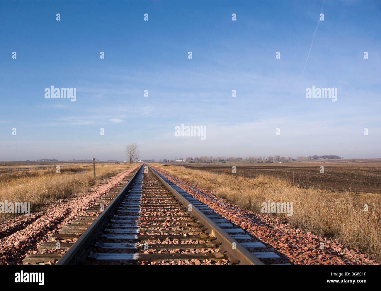 Railroad tracks straight on to the horizon, with frost melting where