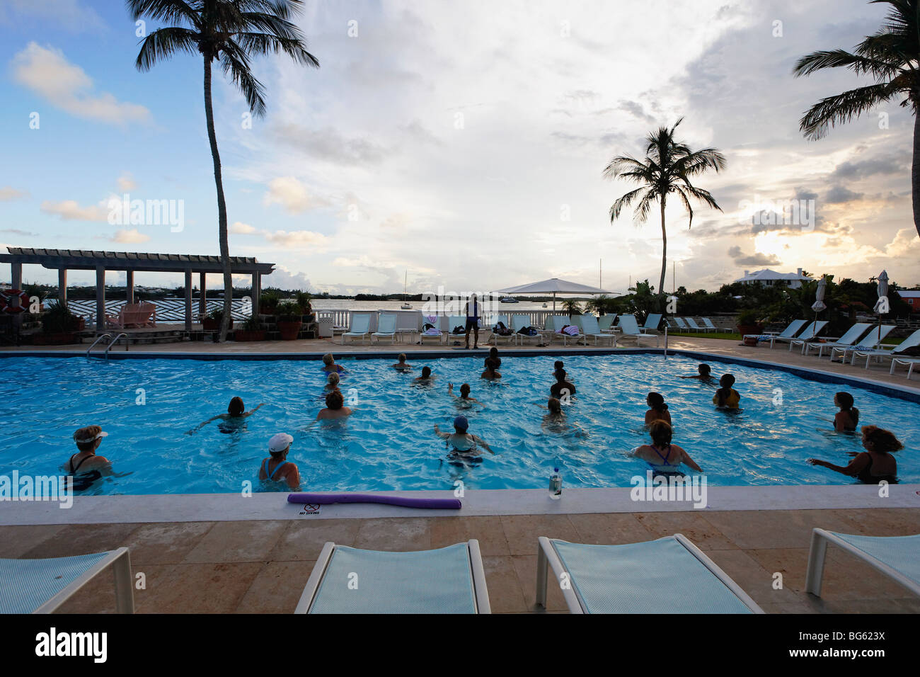 Group Water Aerobic Exercise in the Pool, Hamilton Princess Hotel, Bermuda Stock Photo