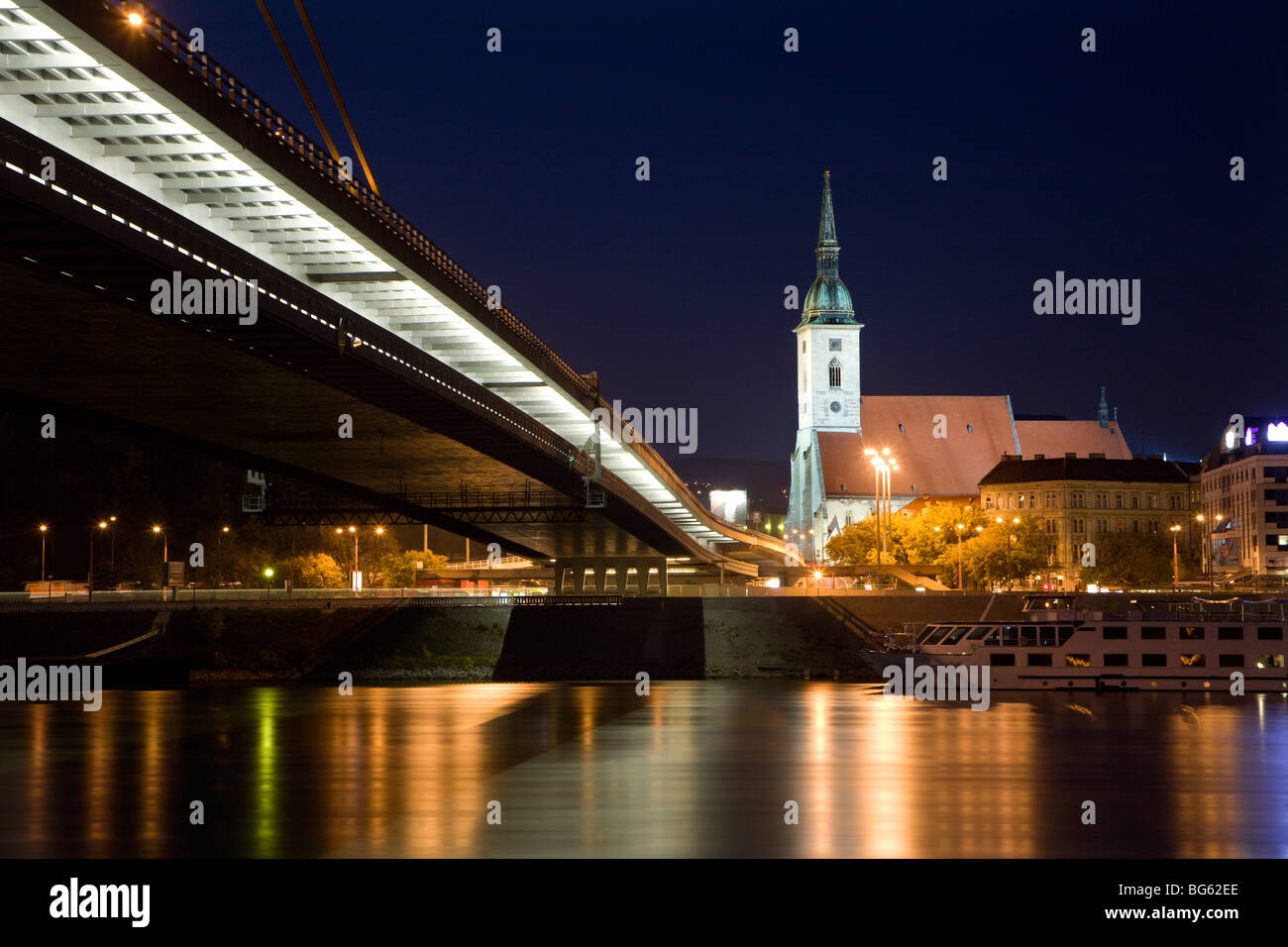 Bratislava - Martins cathedral and bridge - evening Stock Photo