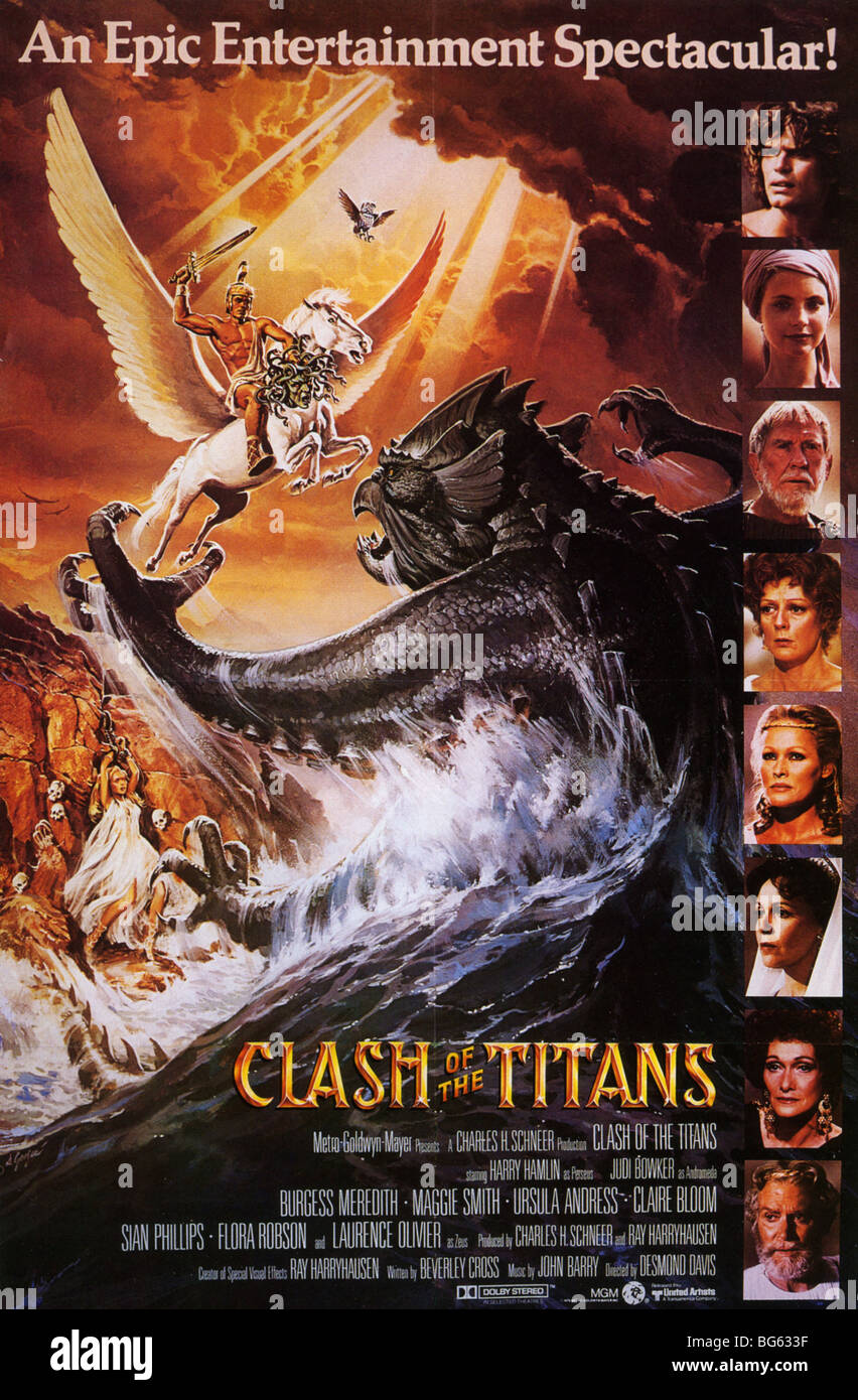 CLASH OF THE TITANS - Poster for 1981 MGM?Charles Schneer film with Laurence Olivier and Claire Bloom Stock Photo
