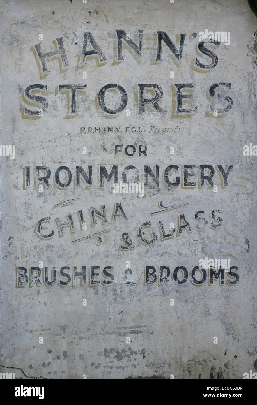Old painted shop sign Hann's Stores, ironmongers, Chipstead, Kent