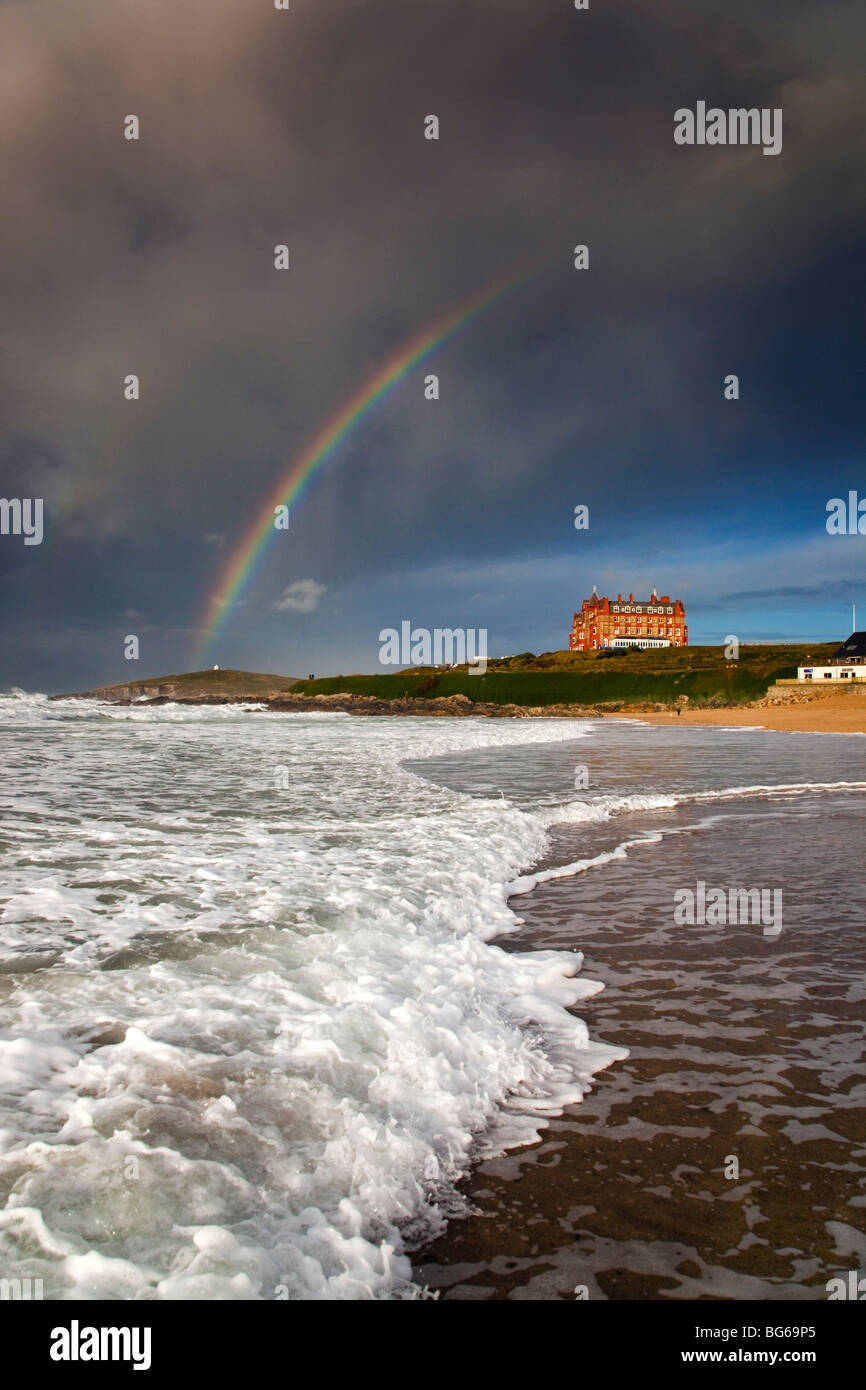 Newquay; Fistral beach looking towards Towan Head; rainbow and storm; Cornwall Stock Photo