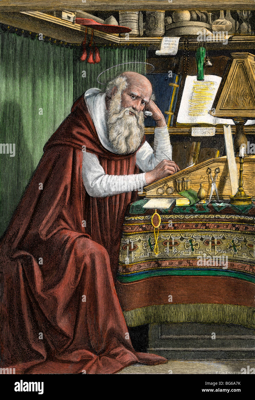 Saint Jerome translating the Bible into Latin, known as the Vulgate Bible. Hand-colored woodcut Stock Photo