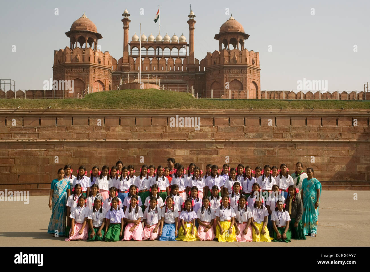 India Delhi Red fort Lahore gate & school party Stock Photo