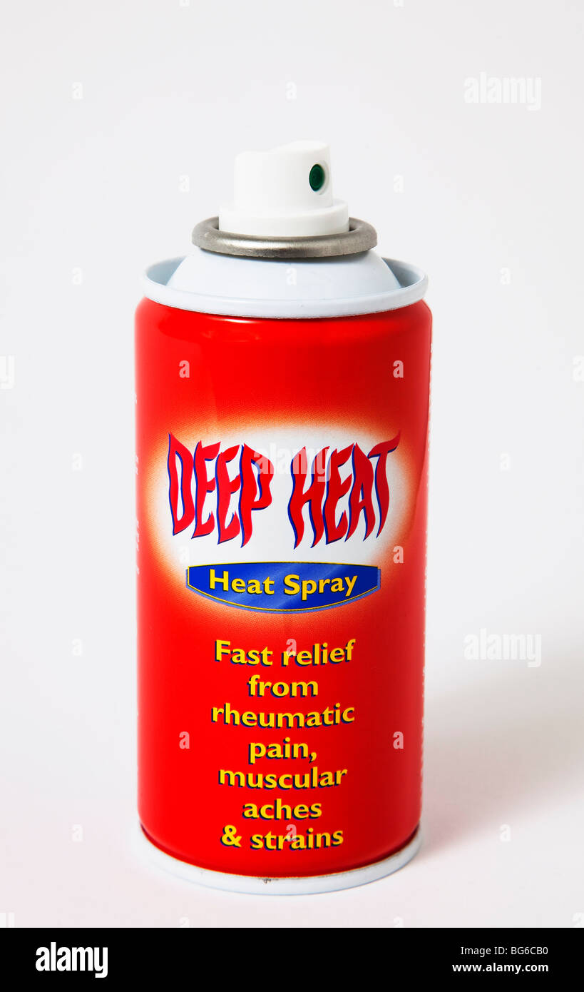 can 'deep heat' 'heat spray' muscular strains pain Stock Photo