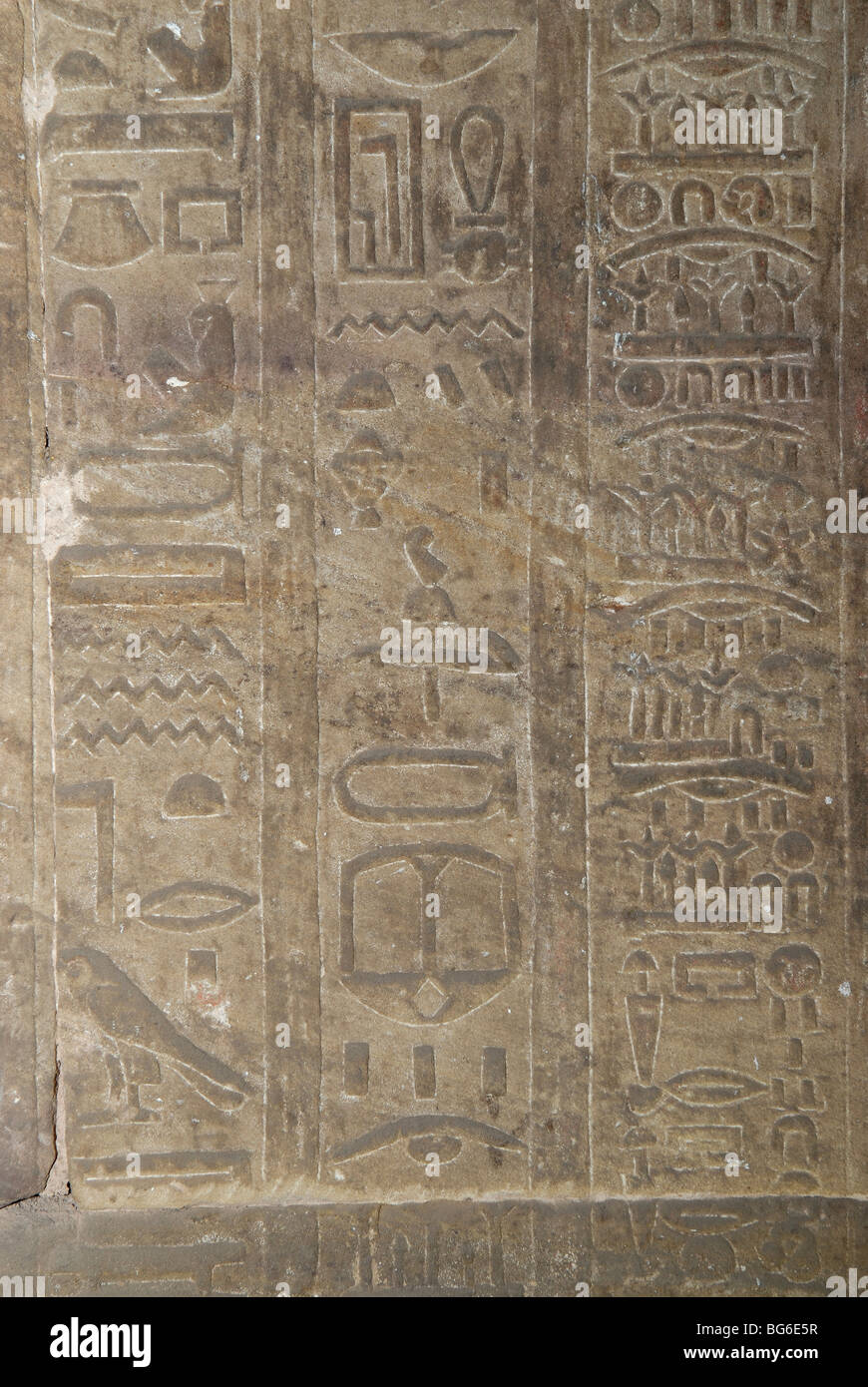 Hieroglyphs on a wall at Edfu temple of Horus, Egypt Stock Photo
