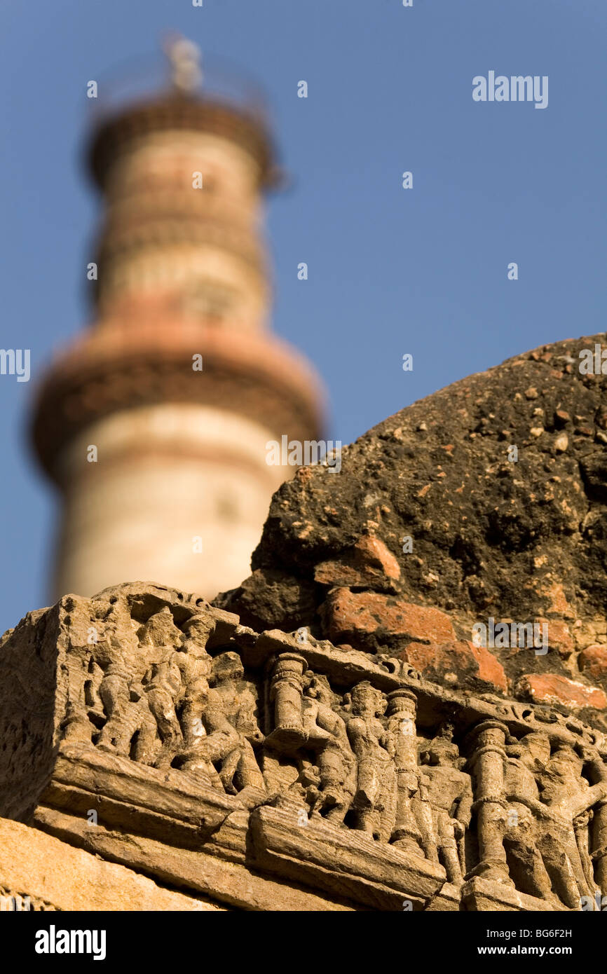 Ornate carvings within the Qutb Minar Complex in Delhi, India. Stock Photo