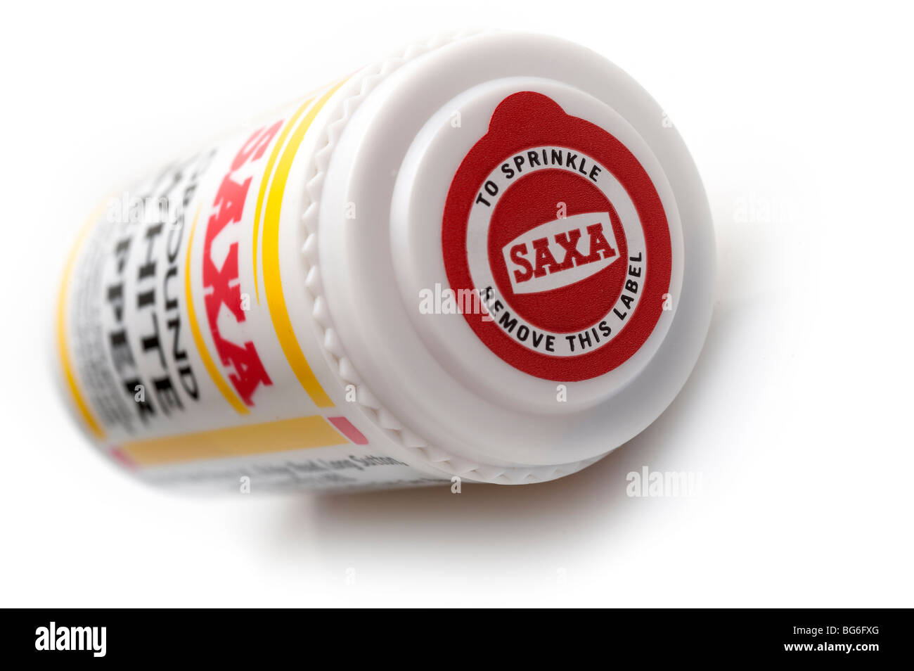 Closeup of a container shaker of Saxa white ground pepper Stock Photo