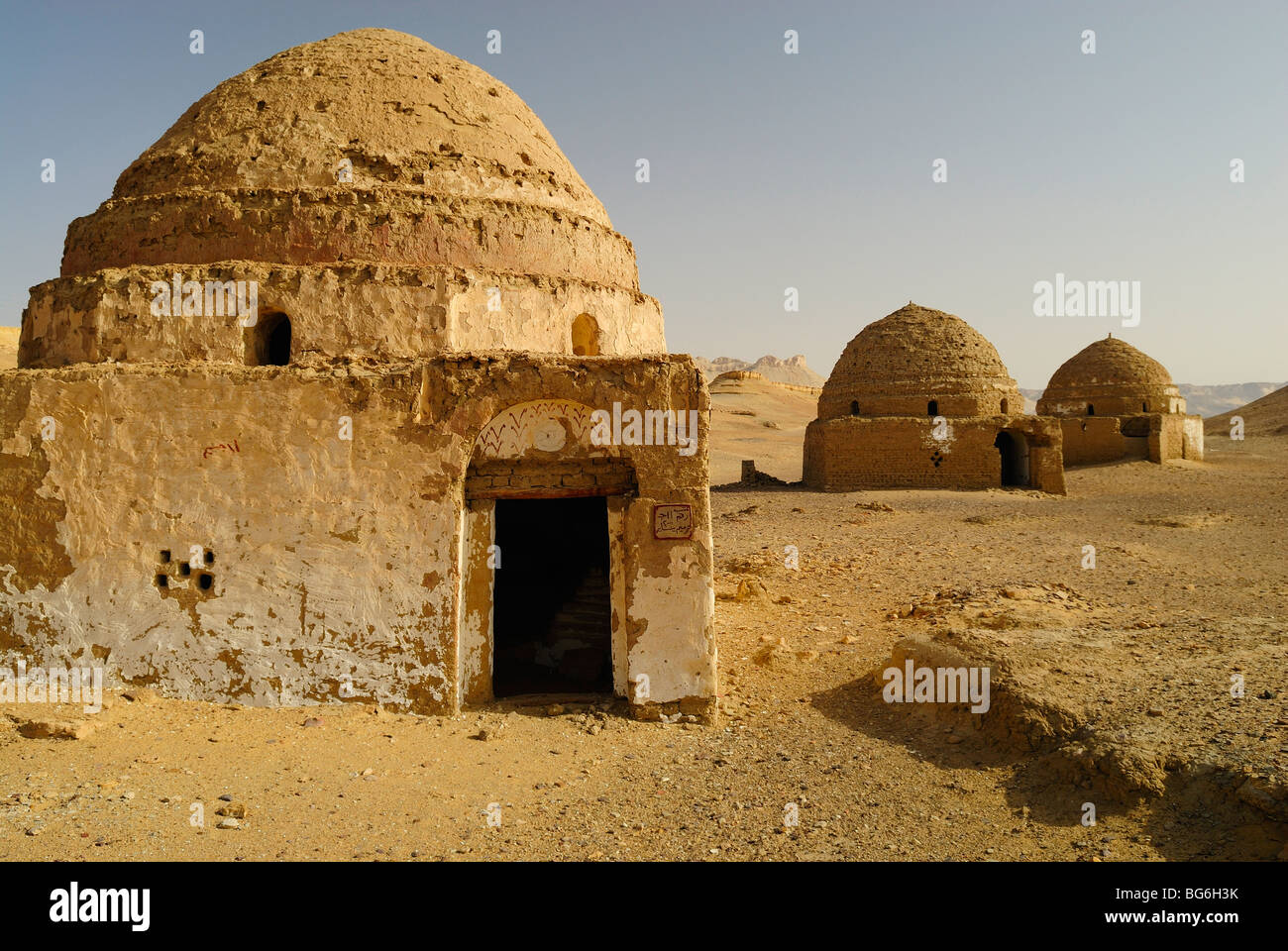 Burial vaults in the Egyptian cemetery of Al Qasr in the Western desert of Egypt Stock Photo