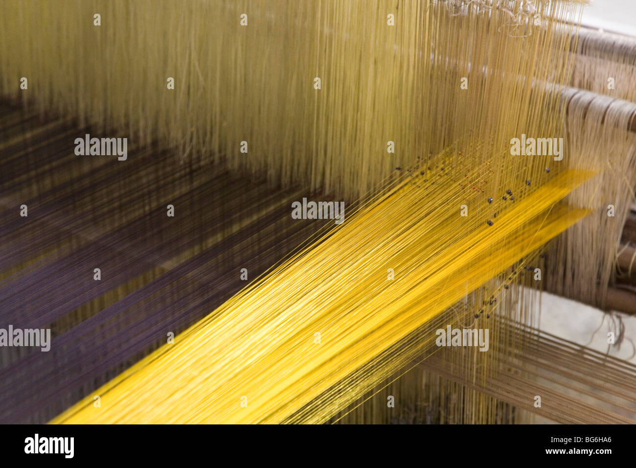 Silk threads on a weaving loom in Kanchipuram, India. Stock Photo