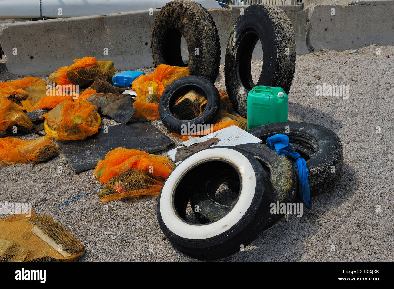 Car and truck tires removed from the underwater bottoms of Saint Jean Cap Ferrat Stock Photo