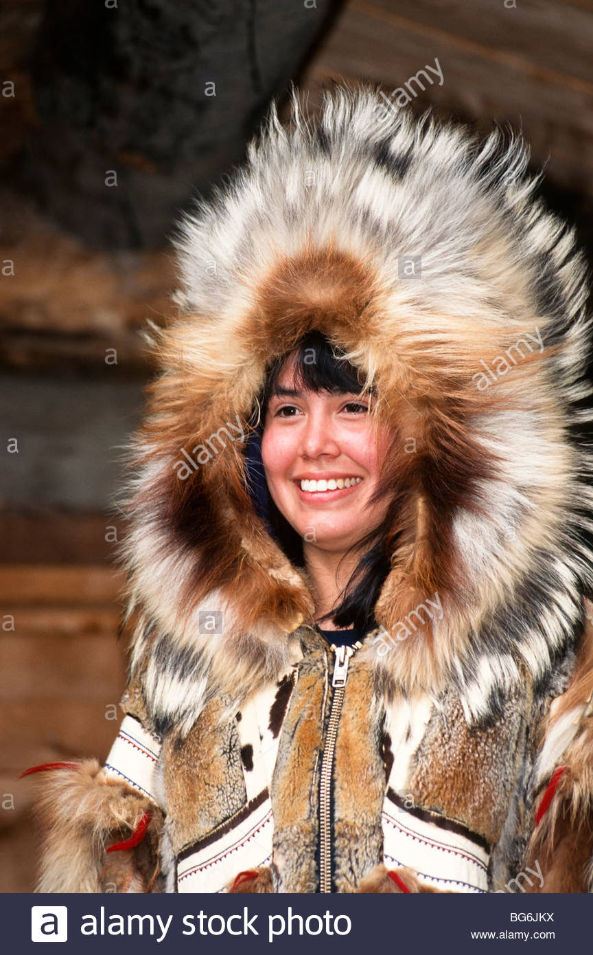 Alaska. Fairbanks. Cherylin Gho, dressed in authentic Yupik Indian ...