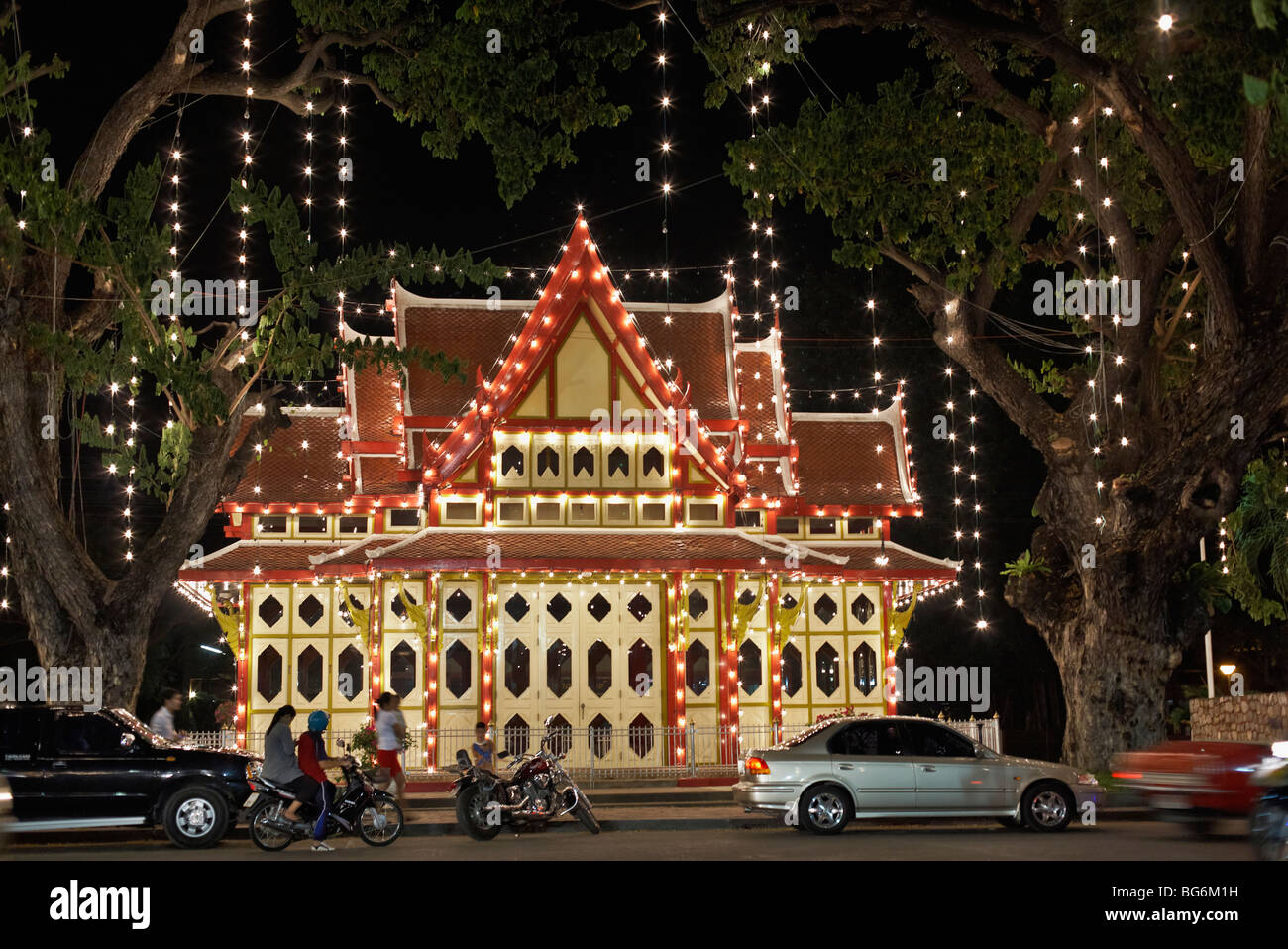 Hua Hin train station illuminated and decorated for Christmas. Thailand
