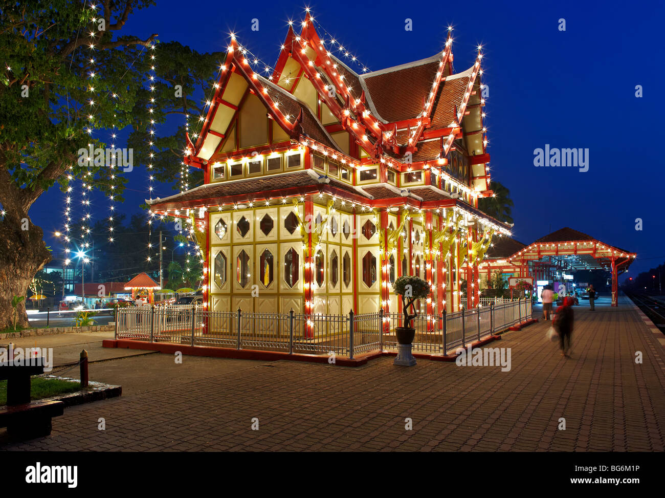 Hua Hin train station illuminated and decorated for Christmas. Thailand