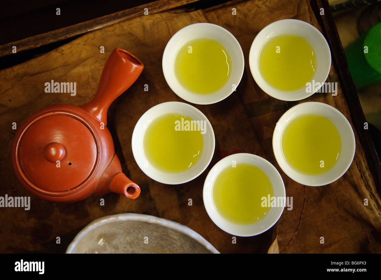 Green tea and a Japanese style teapot, Uji city, Kyoto prefecture