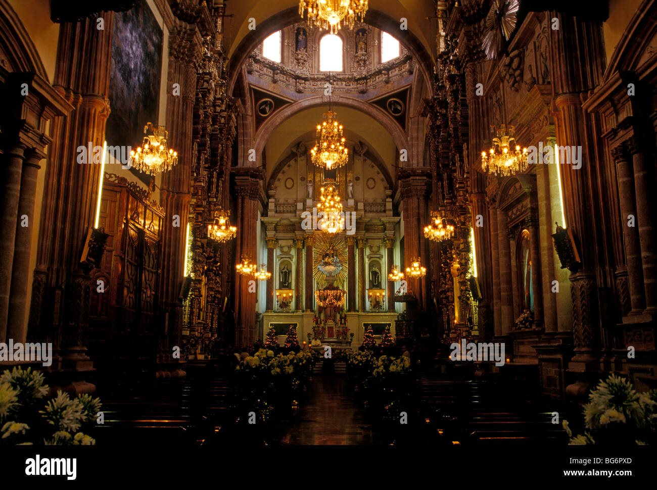 main altar, nave, El Carmen Church, Roman Catholic church, Catholic church, Roman Catholicism, San Luis Potosi, San Luis Potosi State, Mexico Stock Photo