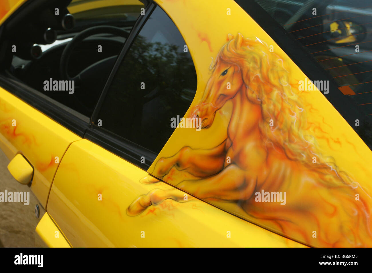 Painted Horse Detail on 2004 Ford Mustang Mach 1 Stock Photo