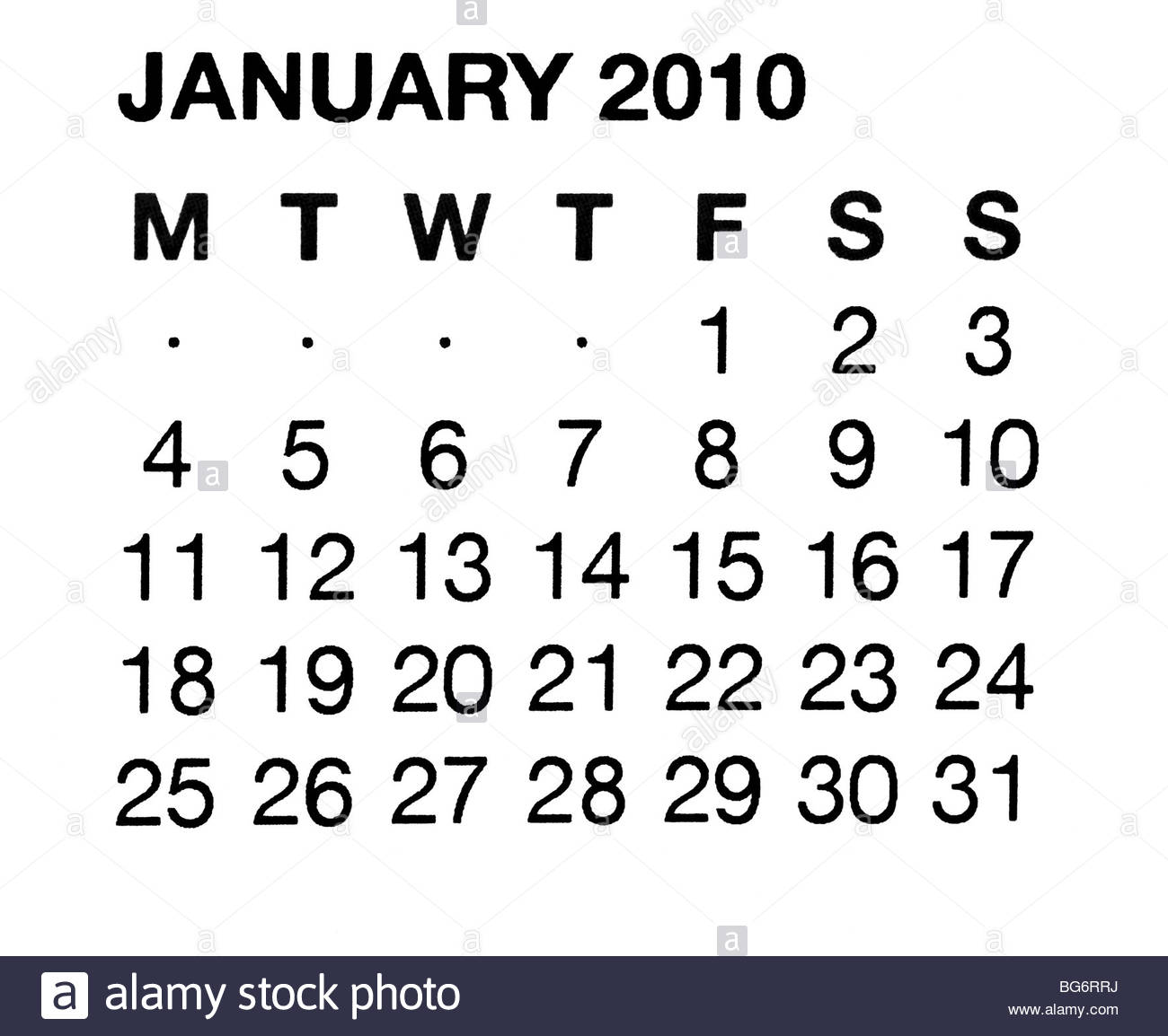 January 2010 Calendar Stock Photo Alamy