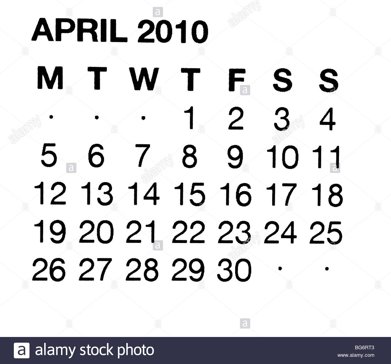 April 2010 calendar Stock Photo