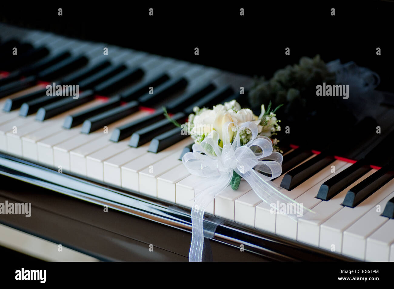 Corsage sitting on grand piano keyboard Stock Photo