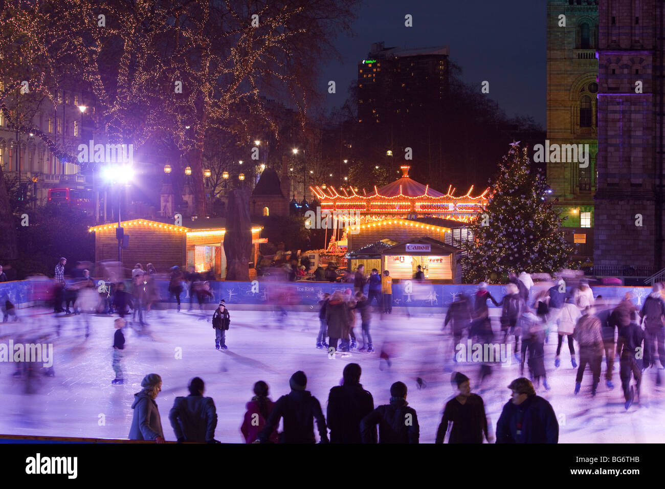 An ice skating rink outside the Natural History Museum in London, UK