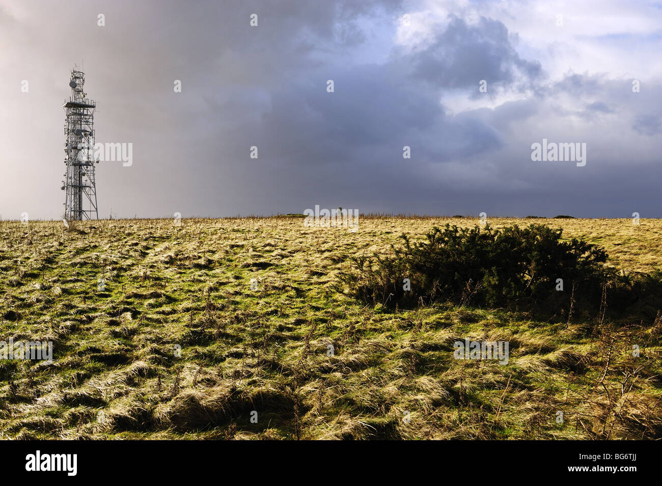 Autumn view of telecommunications mast before a rain storm on the summit of Butser Hill, near Portsmouth, Hampshire Stock Photo