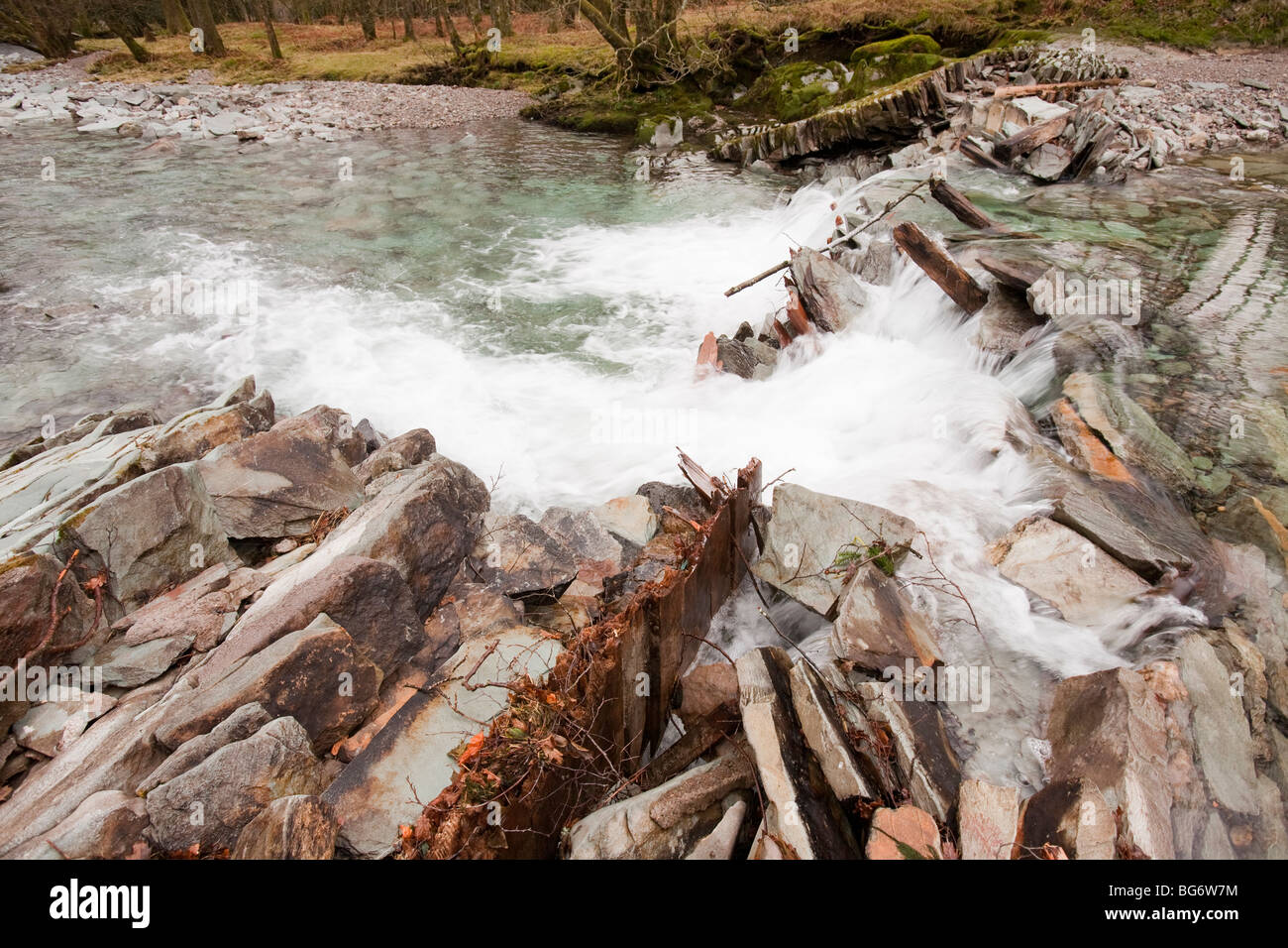 A weir on the River Brathay at Elterwater in the Lake District, that was destroyed by the floods that devastated Cumbria in 2009 Stock Photo