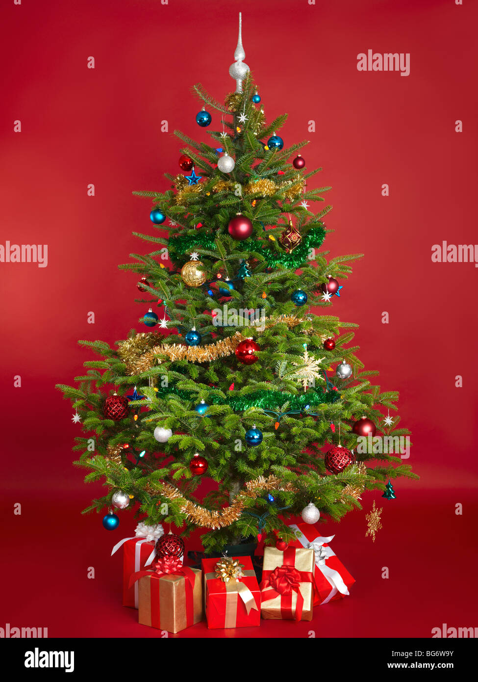 Decorated real Christmas tree isolated on red background Stock Photo