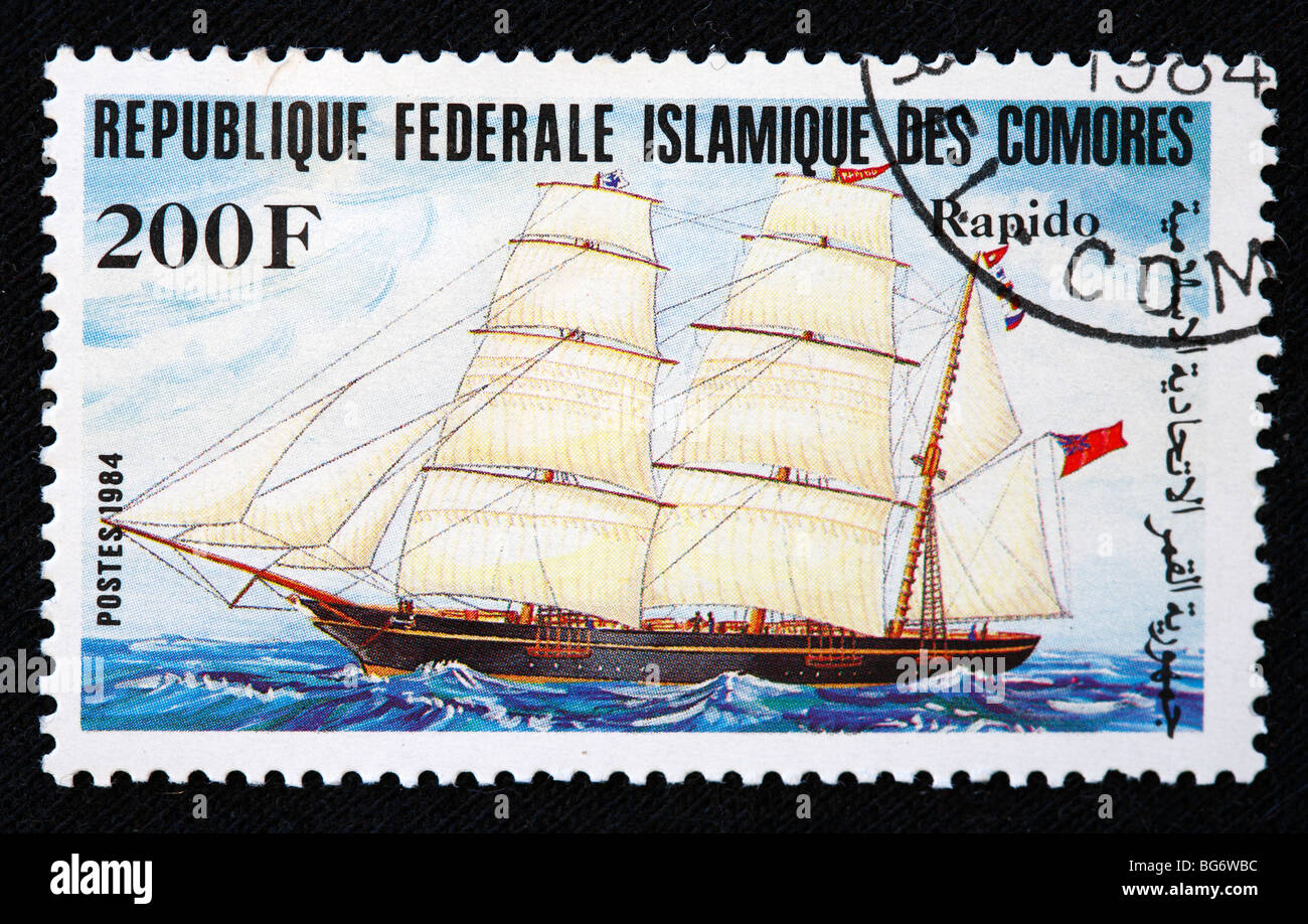 Sail ship Rapido, postage stamp, Comoros, 1984 Stock Photo