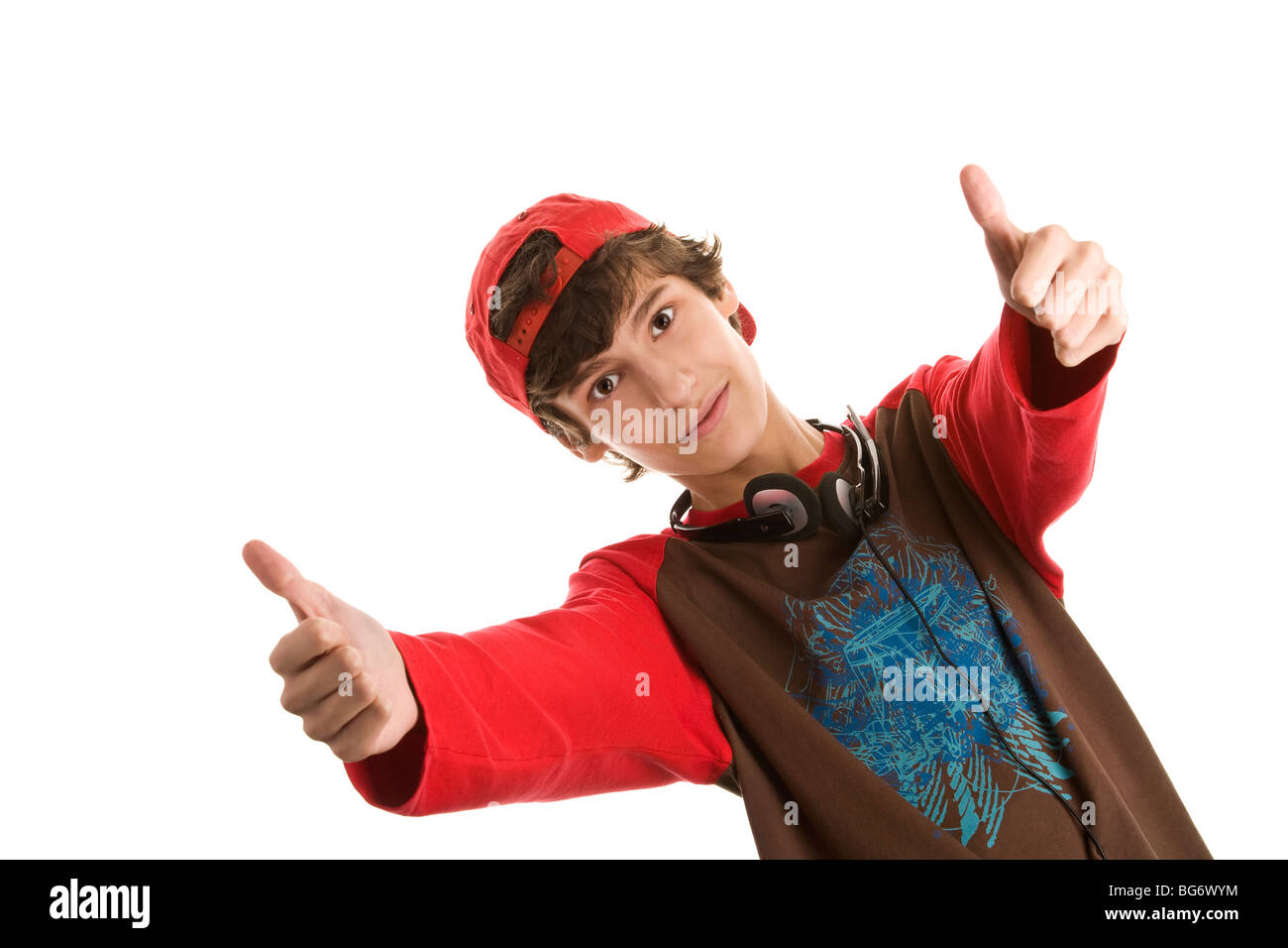 Portrait of young handsome man with double thumbs up isolated on white background Stock Photo