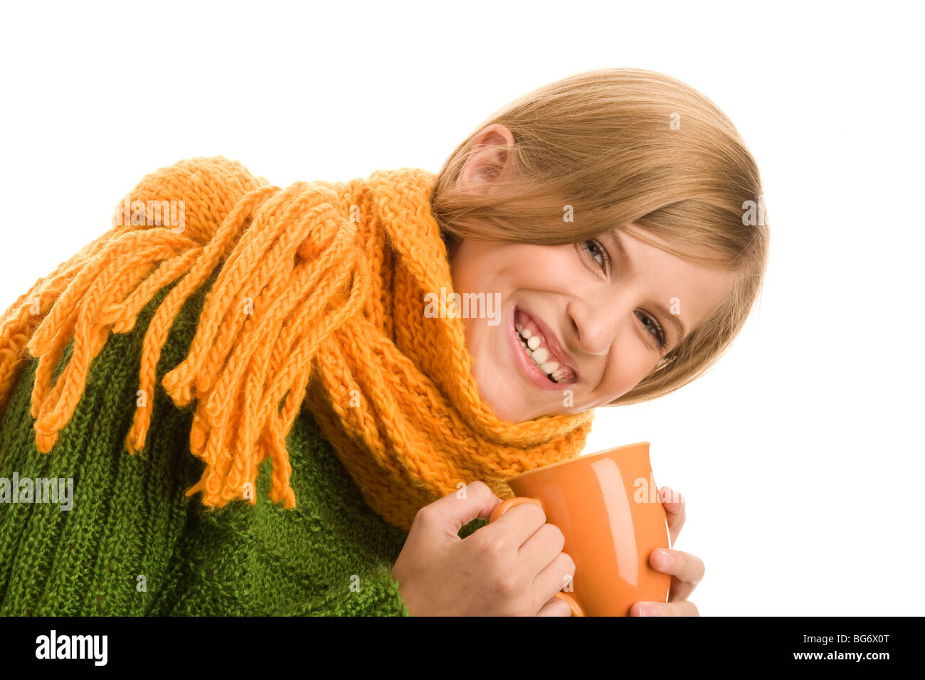 Portrait of beauty autumnal girl holding mug with hot beverage Stock Photo