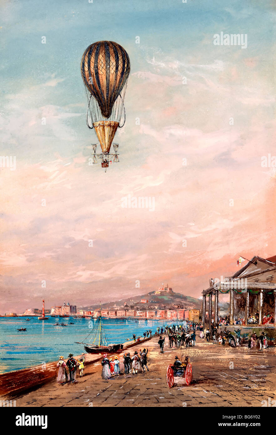 Balloon with parachute and propellers  flying over a town harbor and spectators, during an ascent in Italy between 1820 and 1850 Stock Photo