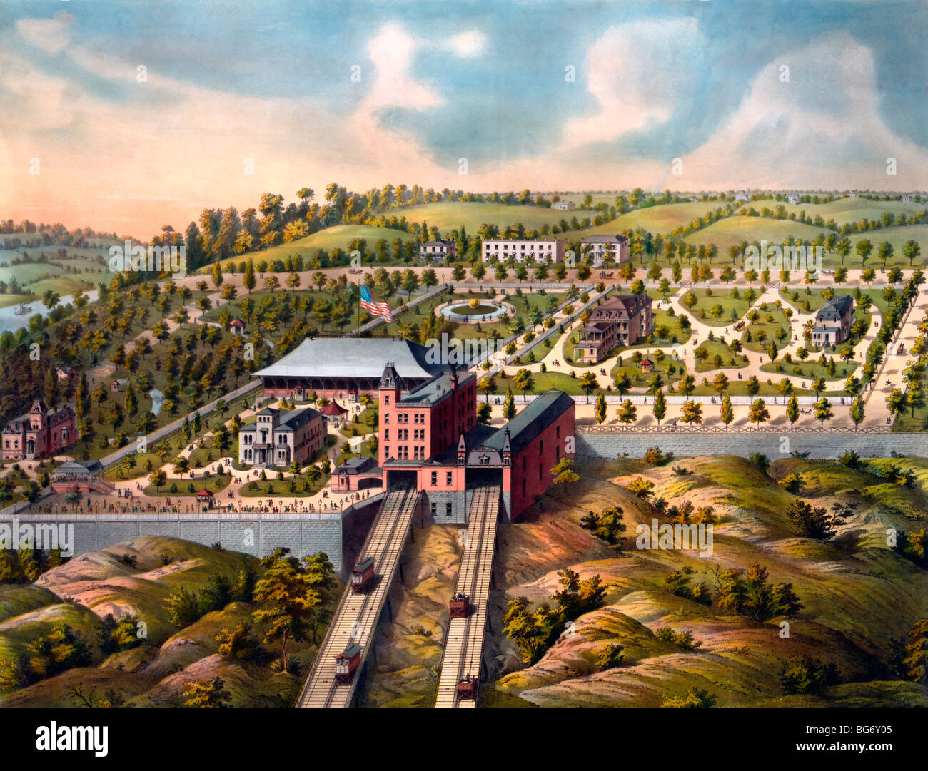 Birds-eye view of Price Hill inclined planes. Cincinnati, Ohio, circa 1900 Stock Photo