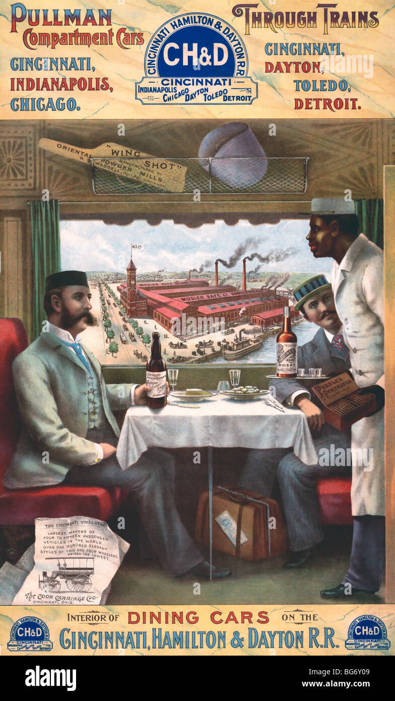 Advertisement for Pullman compartment cars through trains -- interior of dining cars on the Cincinnati, Hamilton & Dayton R.R. Stock Photo