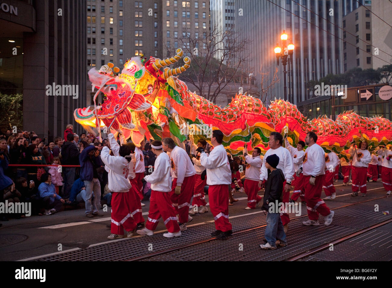 Chinese New Year's parade with dragon begins on Market Street in San Francisco, California. Stock Photo