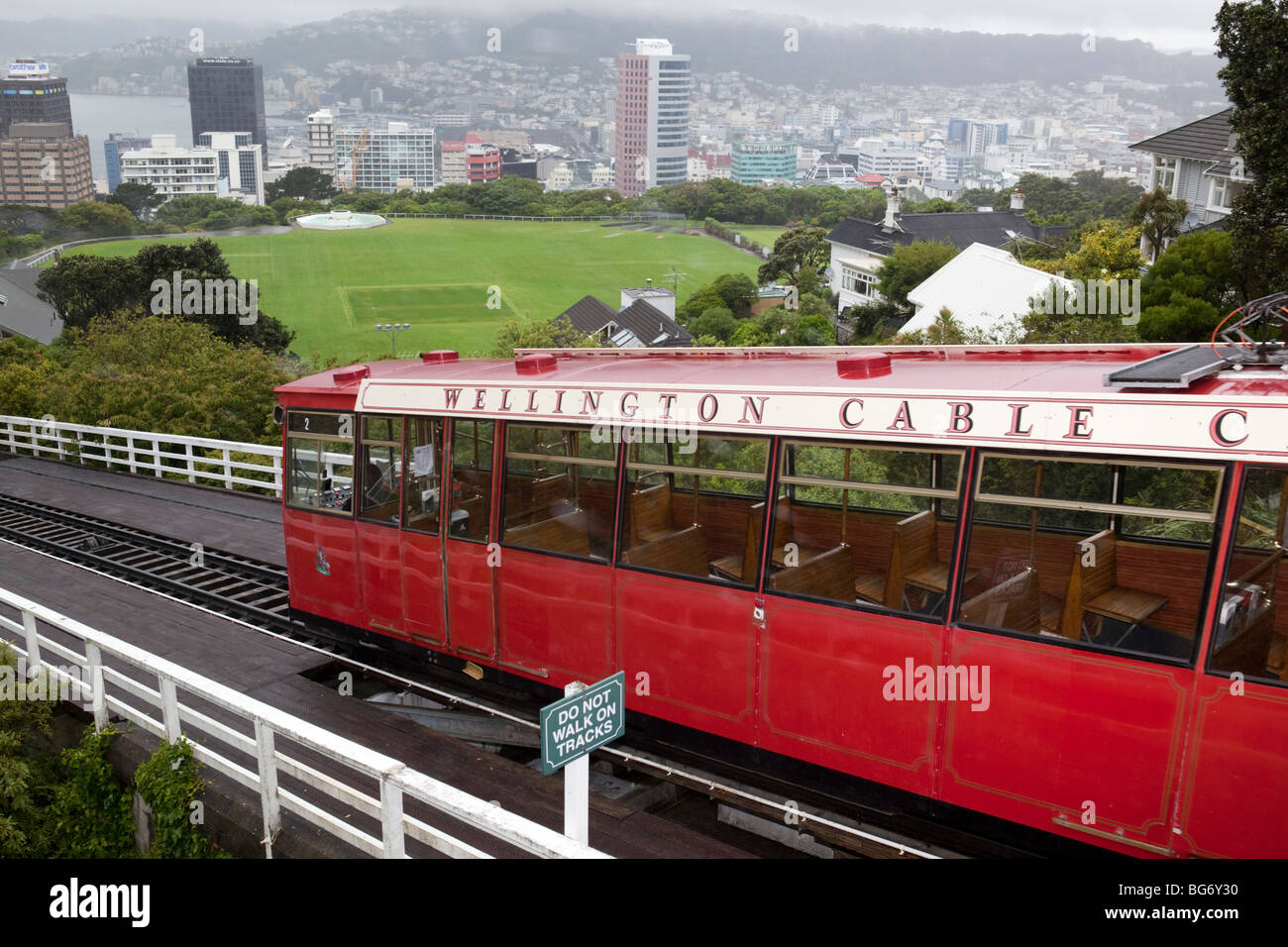 Wellington cable car arrives at the top station on a rainy day Stock Photo