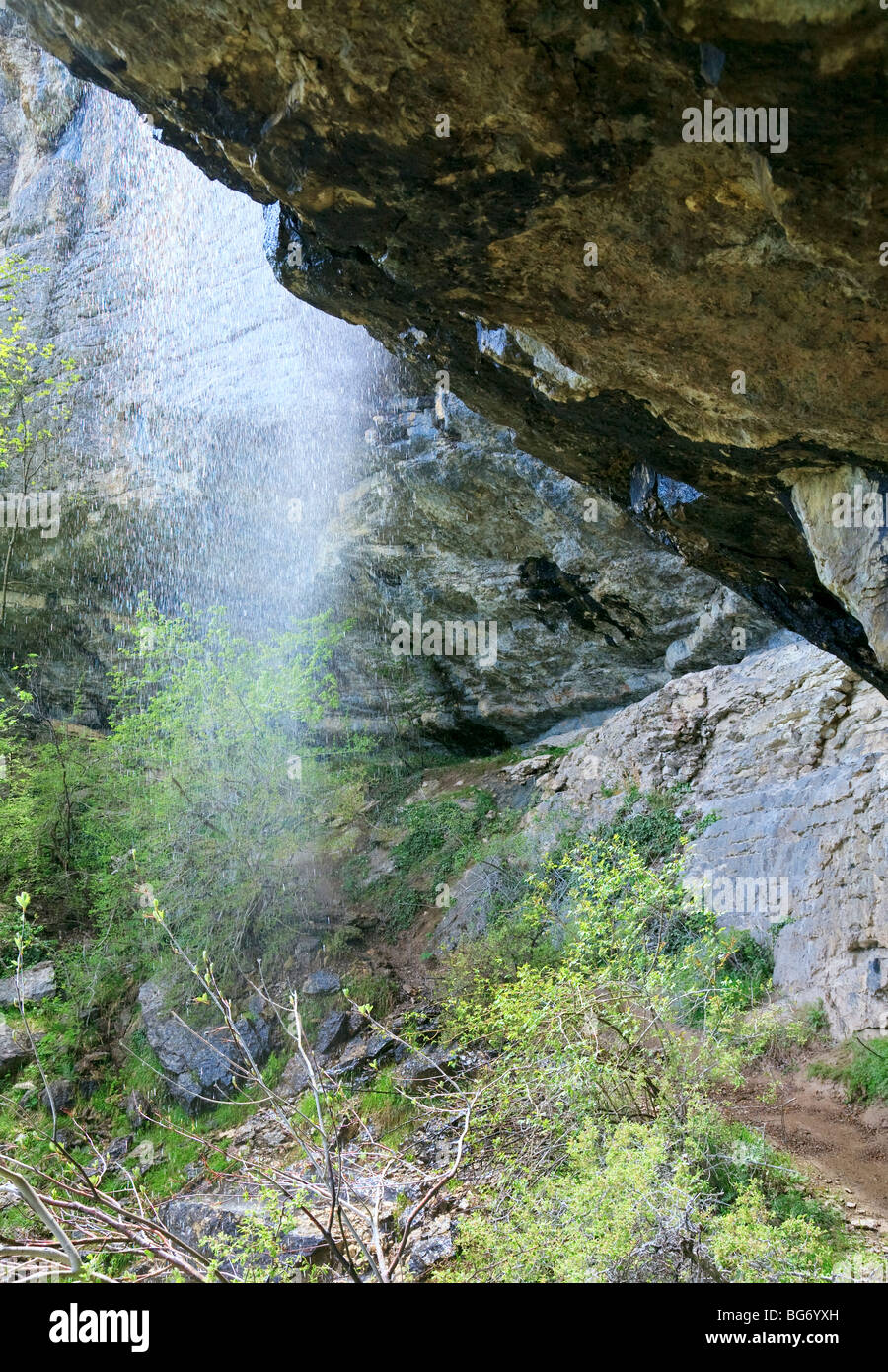 Spring Wuchang-Su (Flying water) waterfall source (Aj-Petri Mount, Botanical trail , Crimea, Ukraine) Stock Photo