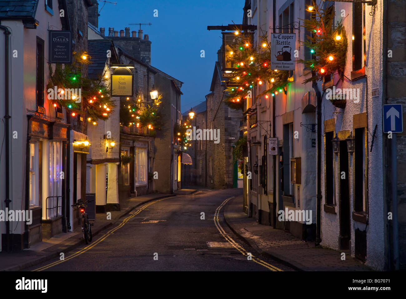 Christmas lights on Market Street, Kirkby Lonsdale, Cumbria, England UK Stock Photo
