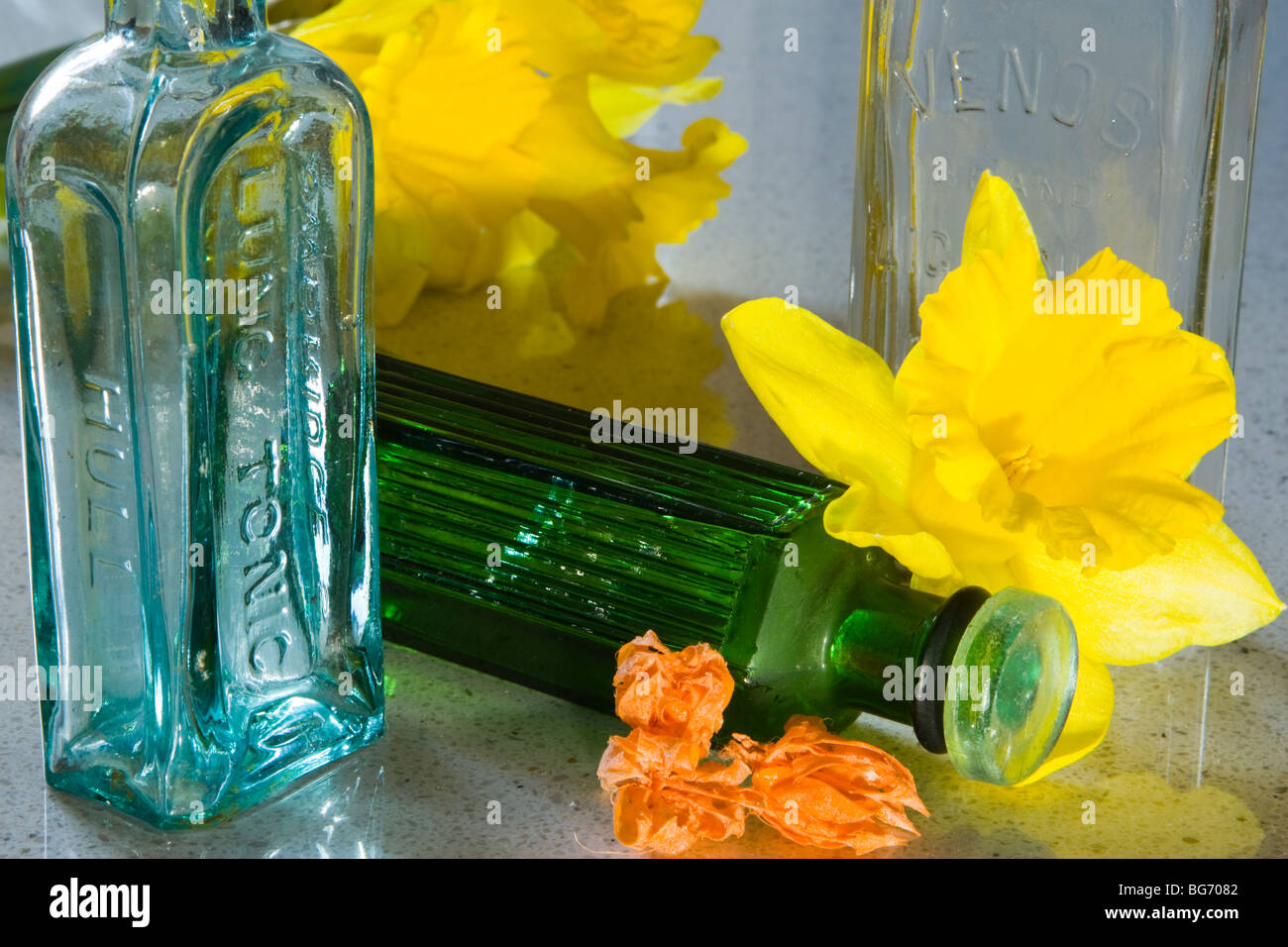 Daffodils with medicine bottles Stock Photo Alamy