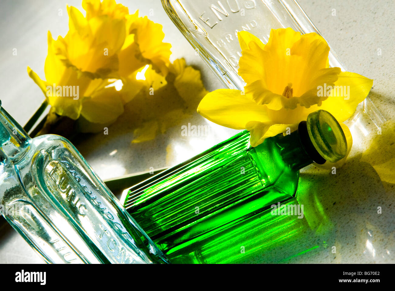 Daffodils with medicine bottles Stock Photo Alamy