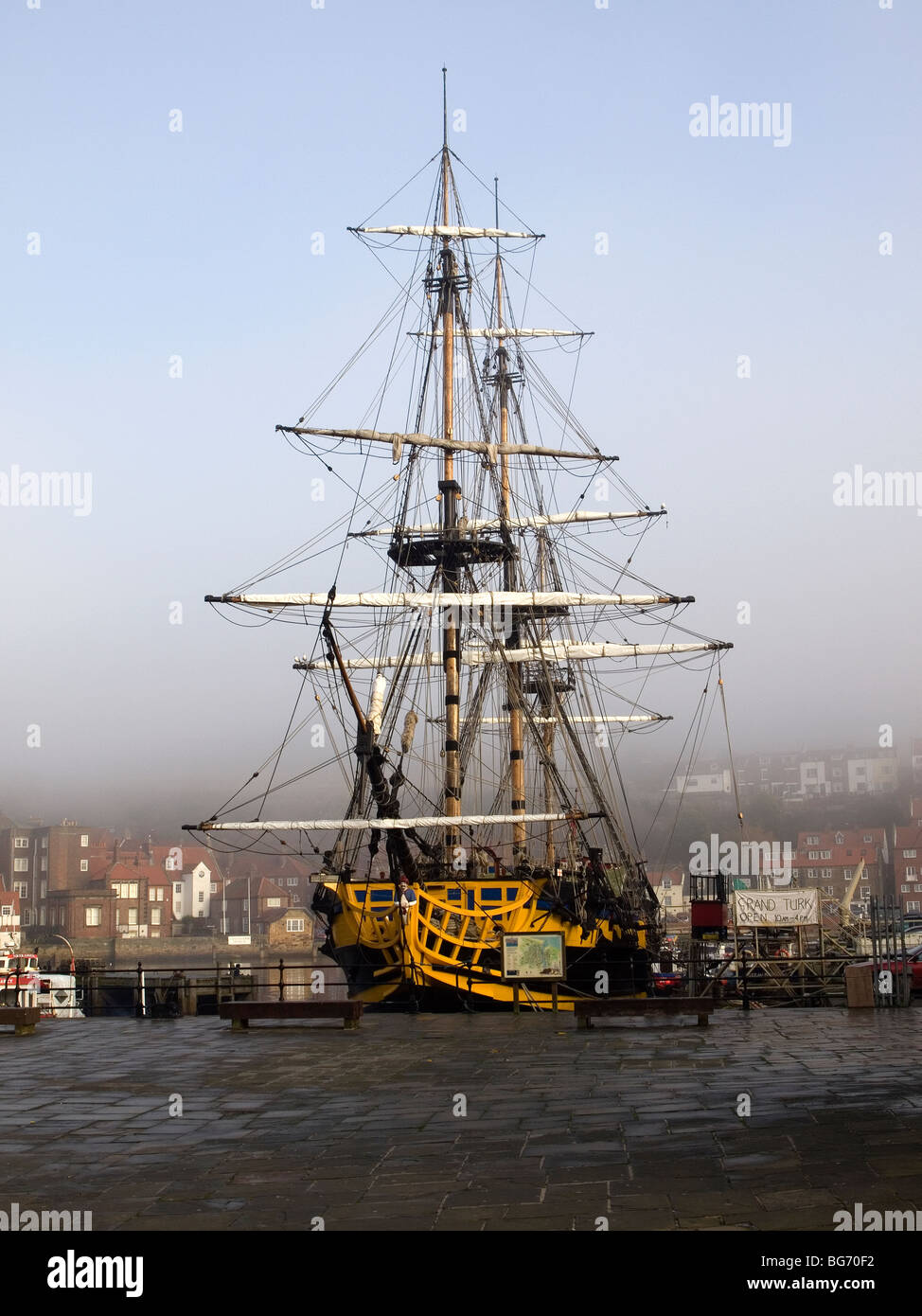The replica sailing ship Grand Turk in the mist at Whitby Harbour Stock