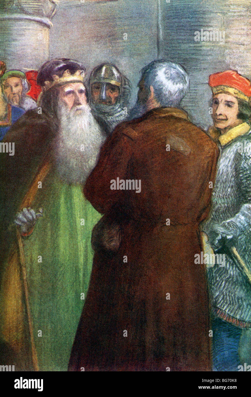 English hero Guy of Warwick, with gray hair and the worn clothes of