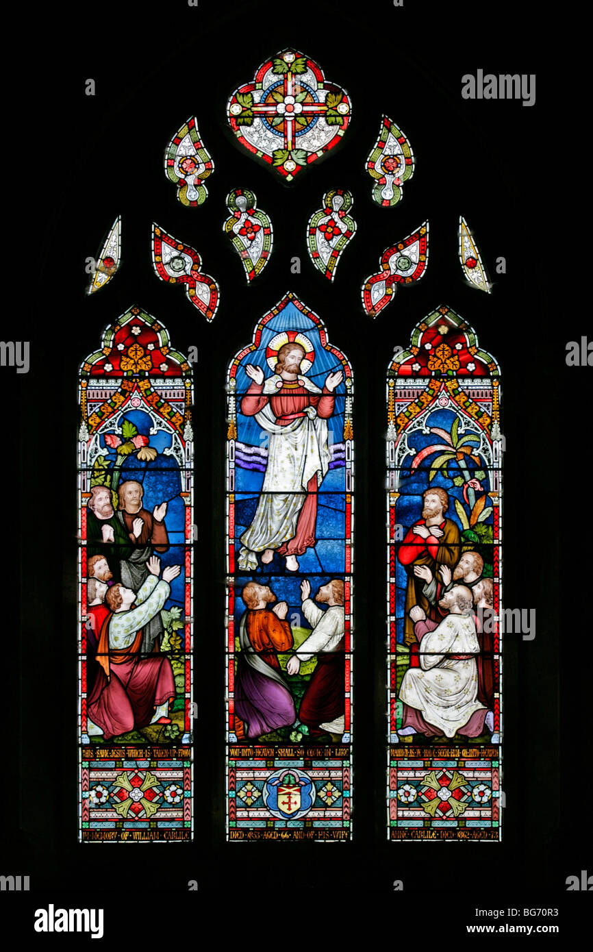 A stained glass window by Frederick Preedy depicting the Ascension of jesus, St Andrews Church, Temple Grafton, Warwickshire Stock Photo