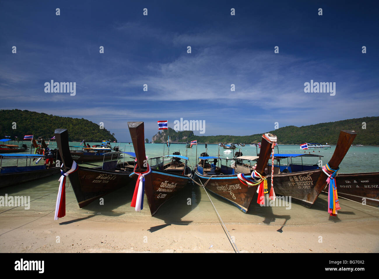Long-tail boats in Tonsai Bay, Phi Phi Don Island, Thailand Stock Photo