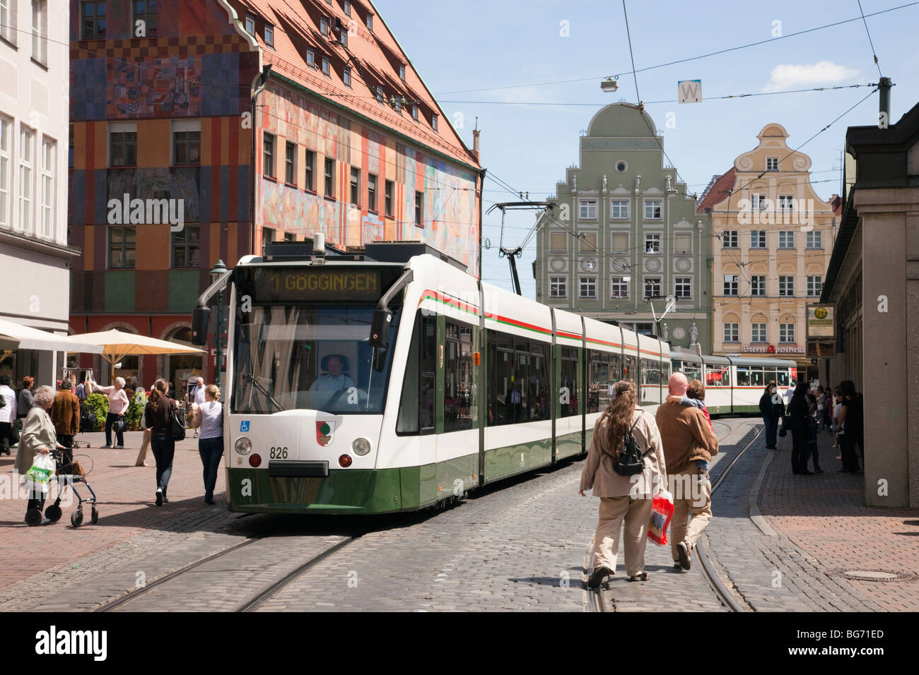 Moritzplatz, Augsburg, Bavaria, Germany, Europe. Tram on cobbled street in old city centre. Stock Photo
