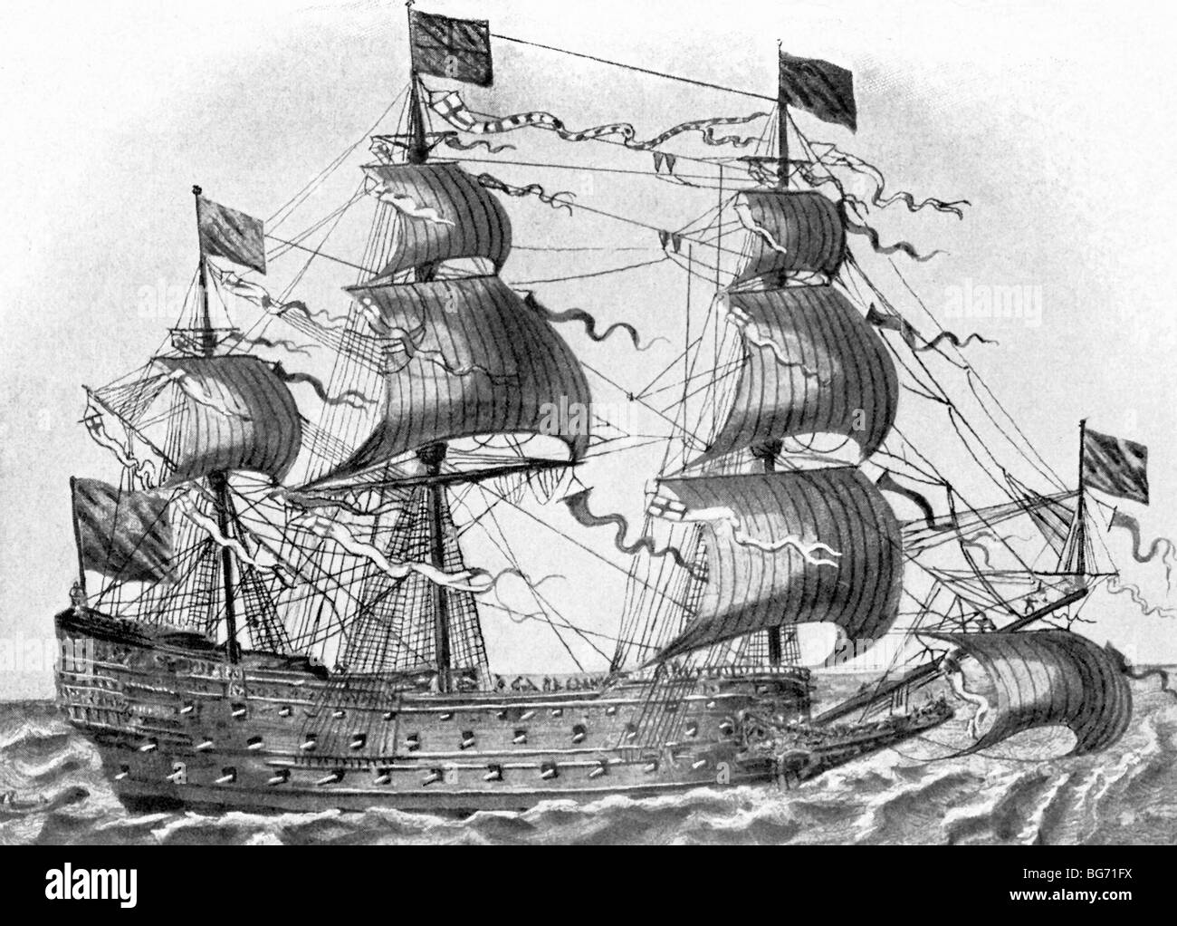 This English warship belonged to the class known as ship-of-the-line, a fighting tactic used at the time (1600s-mid1800s). Stock Photo