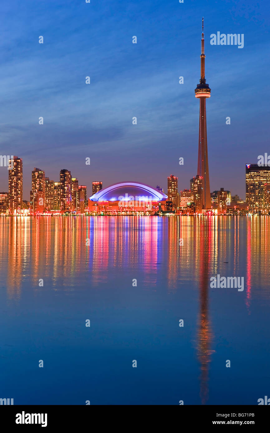 Toronto City Skyline seen at dusk from Centre Island, Toronto Islands, Lake Ontario, Ontario, Canada. Stock Photo