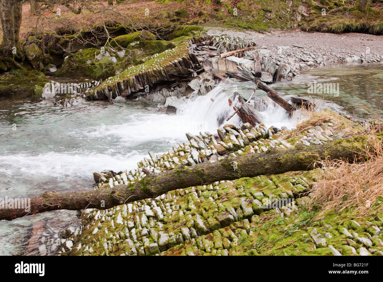 A weir on the River Brathay, Lake District, that was destroyed by the floods that devastated Cumbria in November 2009 Stock Photo