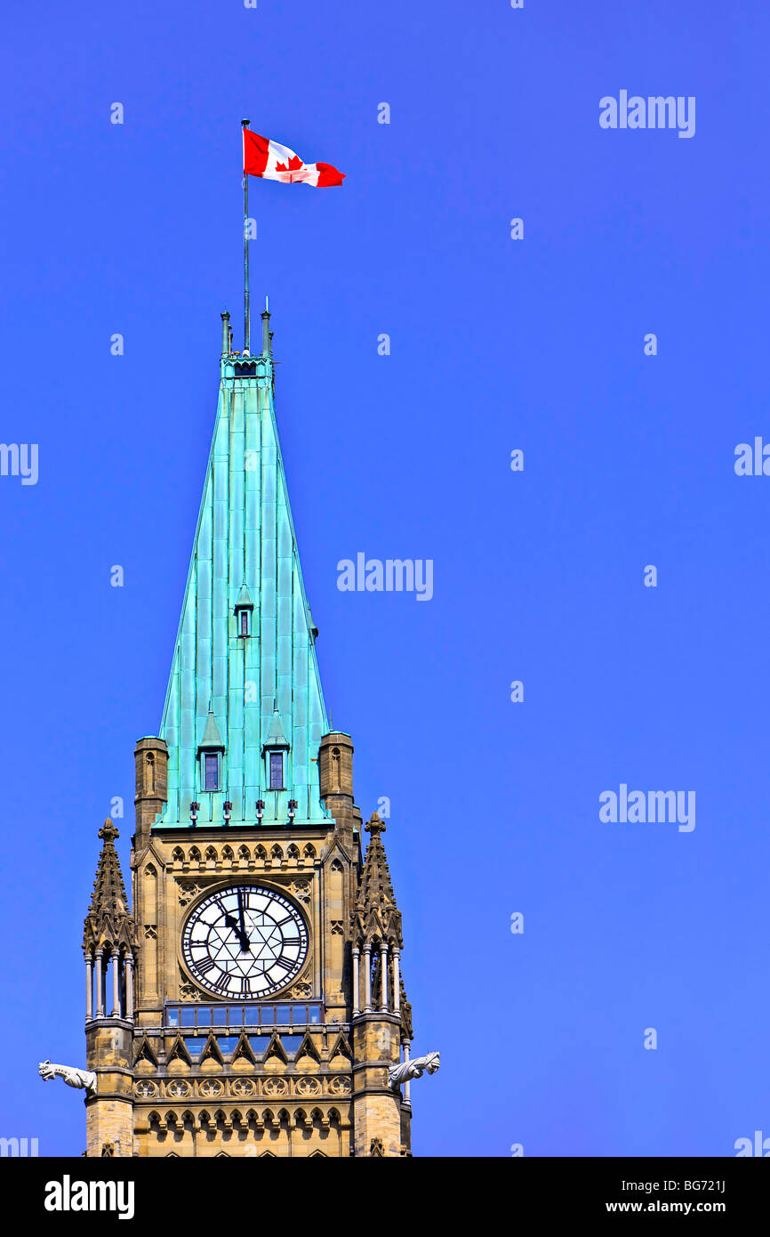 Clock of the Peace Tower in the Centre Block of the Parliament Buildings on Parliament Hill, City of Ottawa, Ontario, Canada. Stock Photo
