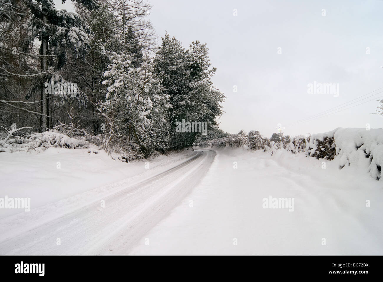Small A road with forest in the english countryside of Hampshire after a heavy snowfall with tyre tracks in the snow Stock Photo